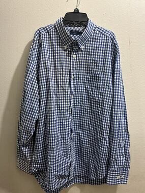 LINCS David Chu Men's XL Blue White Gingham Check Button Down Shirt 100% Cotton